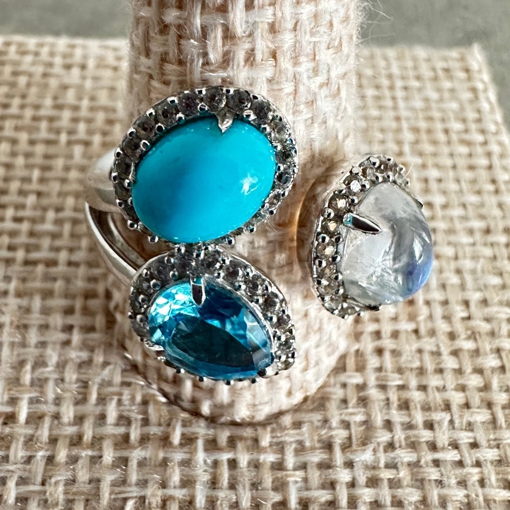925 STERLING SILVER BLUE TOPAZ TURQUOISE & MOONSTONE Ring by Colleen Lopez - Picture 5 of 8